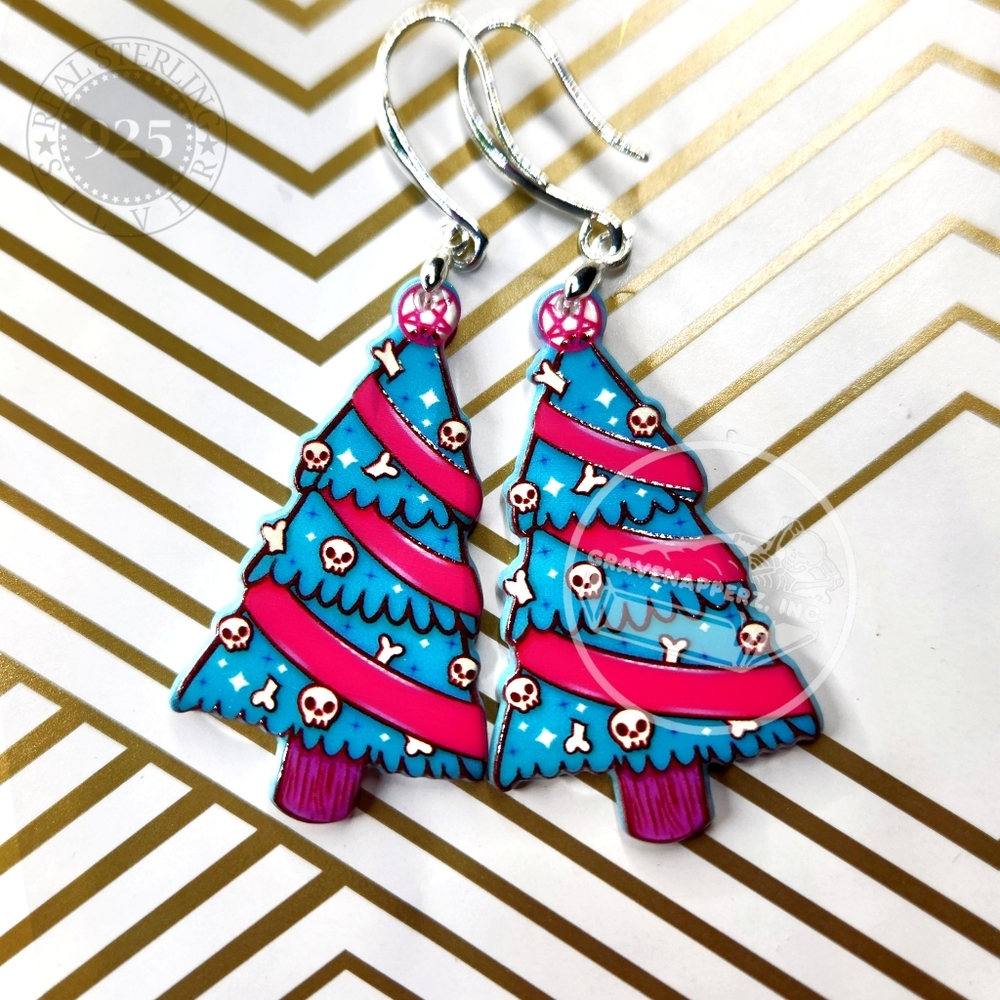 925 Silver & Acrylic Handmade Goth Christmas Tree Earrings OOAK Fast Delivery